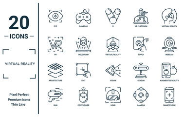 virtual reality linear icon set. includes thin line eye, vr, architecture, gun, smartphone, virtual reality, augmented reality icons for report, presentation, diagram, web design