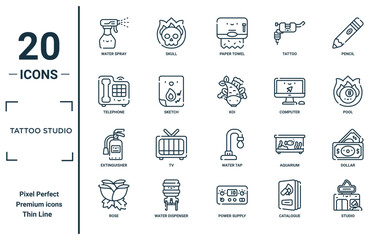 tattoo studio linear icon set. includes thin line water spray, telephone, extinguisher, rose, studio, koi, dollar icons for report, presentation, diagram, web design