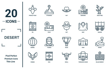 desert linear icon set. includes thin line prickly pear, oil, barrel, fennec, solar energy, hat, snake icons for report, presentation, diagram, web design