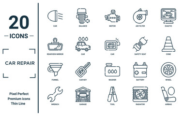 car repair linear icon set. includes thin line car, rearview mirror, funnel, wrench, airbag, car, wheel icons for report, presentation, diagram, web design