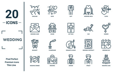 wedding linear icon set. includes thin line garland, wedding card, bouquet, wedding dinner, cake, gift box, day icons for report, presentation, diagram, web design
