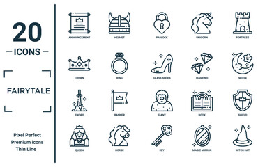 fairytale linear icon set. includes thin line announcement, crown, sword, queen, witch hat, glass shoes, shield icons for report, presentation, diagram, web design