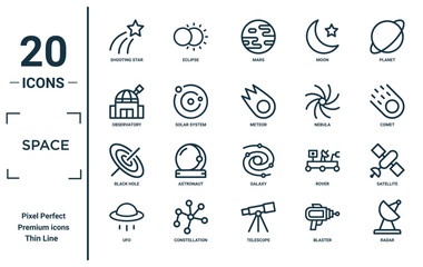 space linear icon set. includes thin line shooting star, observatory, black hole, ufo, radar, meteor, satellite icons for report, presentation, diagram, web design
