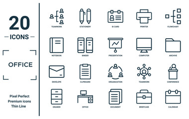 office linear icon set. includes thin line teamwork, notebook, envelope, drawer, calendar, presentation, conference icons for report, presentation, diagram, web design