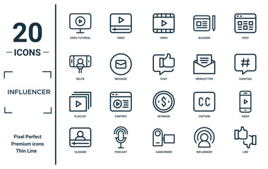 influencer linear icon set. includes thin line video tutorial, selfie, playlist, vlogger, like, chat, video icons for report, presentation, diagram, web design