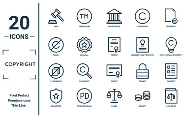 copyright linear icon set. includes thin line law, piracy, plagiarism, guarantee, law book, patent, content icons for report, presentation, diagram, web design