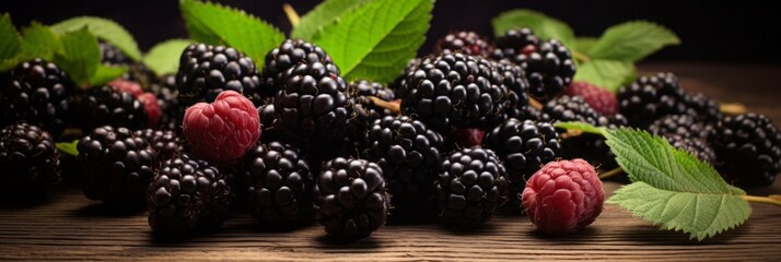 Photo of a colorful assortment of blackberries on a rustic table .generative ai