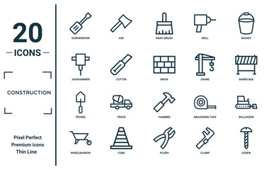 construction linear icon set. includes thin line screwdriver, jackhammer, trowel, wheelbarrow, screw, brick, bulldozer icons for report, presentation, diagram, web design