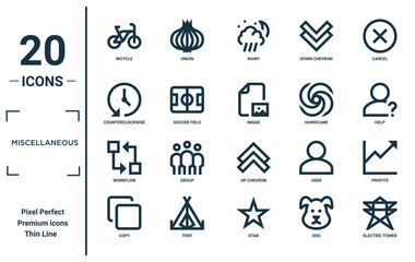 miscellaneous linear icon set. includes thin line bicycle, counterclockwise, workflow, copy, electric tower, image, profits icons for report, presentation, diagram, web design