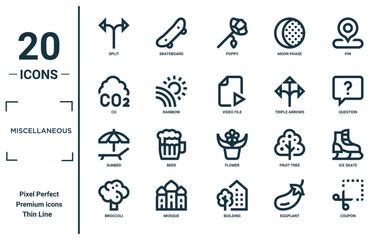 miscellaneous linear icon set. includes thin line split, co, sunbed, broccoli, coupon, video file, ice skate icons for report, presentation, diagram, web design