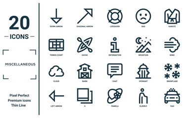 miscellaneous linear icon set. includes thin line down arrow, tennis court, cloud, left arrow, taxi, information, snowflake icons for report, presentation, diagram, web design