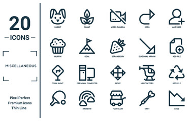 miscellaneous linear icon set. includes thin line rabbit, muffin, turn right, , loss, strawberry, recycle icons for report, presentation, diagram, web design