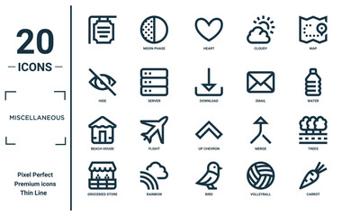 miscellaneous linear icon set. includes thin line , hide, beach house, groceries store, carrot, download, trees icons for report, presentation, diagram, web design
