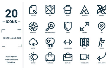 miscellaneous linear icon set. includes thin line edit file, wind rose, winter, eclipse, curve arrow, shield, boxing icons for report, presentation, diagram, web design