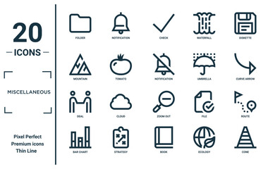 miscellaneous linear icon set. includes thin line folder, mountain, deal, bar chart, cone, notification, route icons for report, presentation, diagram, web design