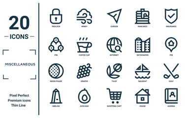 miscellaneous linear icon set. includes thin line padlock, pin, moon phase, obelisk, agenda, internet, golf icons for report, presentation, diagram, web design