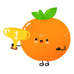 Cute funny Tangerine fruit hold gold trophy cup. Vector hand drawn cartoon kawaii character illustration icon. Isolated white background. Happy Mandarin with winner trophy cup