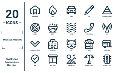miscellaneous linear icon set. includes thin line bookmark, target, down chevron, pin, traffic light, wind, caravan icons for report, presentation, diagram, web design