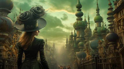 Female character in a green, emerald colored fantasy city. 