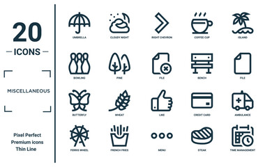 miscellaneous linear icon set. includes thin line umbrella, bowling, butterfly, ferris wheel, time management, file, ambulance icons for report, presentation, diagram, web design - obrazy, fototapety, plakaty