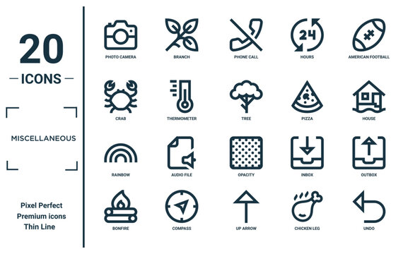 miscellaneous linear icon set. includes thin line photo camera, crab, rainbow, bonfire, undo, tree, outbox icons for report, presentation, diagram, web design