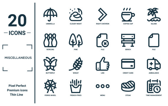 miscellaneous linear icon set. includes thin line umbrella, bowling, butterfly, ferris wheel, time management, file, ambulance icons for report, presentation, diagram, web design