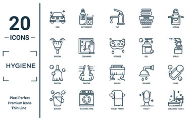 hygiene linear icon set. includes thin line car, broom, broom, bucket, cleaning tools, sponge, soap icons for report, presentation, diagram, web design - obrazy, fototapety, plakaty