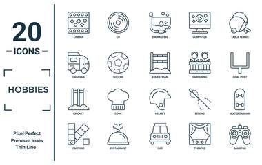 hobbies linear icon set. includes thin line cinema, caravan, cricket, pantone, gamepad, equestrian, skateboarding icons for report, presentation, diagram, web design