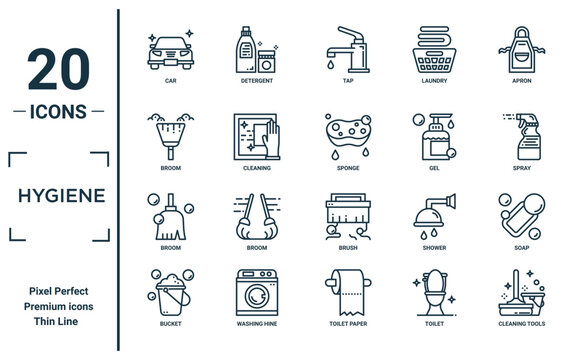 hygiene linear icon set. includes thin line car, broom, broom, bucket, cleaning tools, sponge, soap icons for report, presentation, diagram, web design