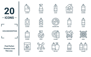 housekeeping linear icon set. includes thin line laundry, cleaner, cleaner, laundry, cleaner, washing hine, wheel icons for report, presentation, diagram, web design