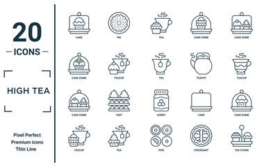 high tea linear icon set. includes thin line cake, cake dome, cake dome, teacup, tea stand, tea, dome icons for report, presentation, diagram, web design