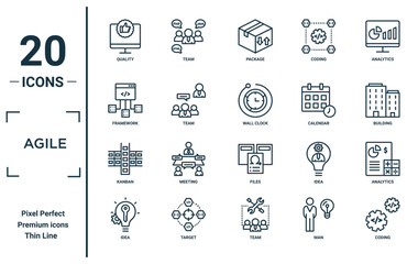 agile linear icon set. includes thin line quality, framework, kanban, idea, coding, wall clock, analytics icons for report, presentation, diagram, web design