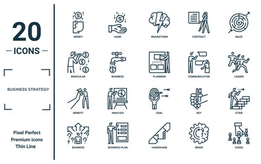 business strategy linear icon set. includes thin line money, binocular, benefit, business, chess, planning, stair icons for report, presentation, diagram, web design
