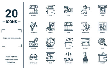 finance and money linear icon set. includes thin line banking, lady justice, finance, binoculars, wallet, bank, find icons for report, presentation, diagram, web design
