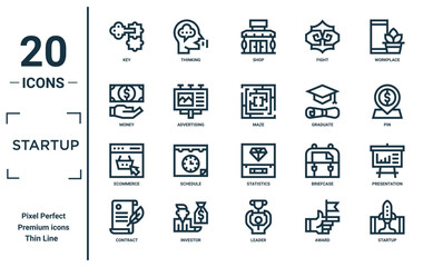 startup linear icon set. includes thin line key, money, ecommerce, contract, startup, maze, presentation icons for report, presentation, diagram, web design