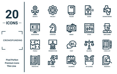 crowdfunding linear icon set. includes thin line growth, kickstarter, puzzle, prototype, research, money, check list icons for report, presentation, diagram, web design