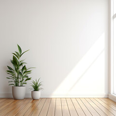 3D rendering White wall mockup, plant and wood floor