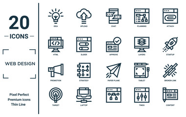 web design linear icon set. includes thin line idea, html, promotion, target, content, approve, broken link icons for report, presentation, diagram, web design