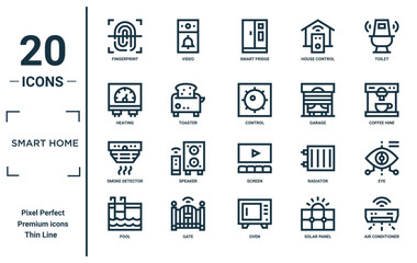 smart home linear icon set. includes thin line fingerprint, heating, smoke detector, pool, air conditioner, control, eye icons for report, presentation, diagram, web design