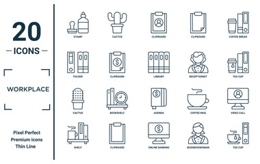 workplace linear icon set. includes thin line stamp, folder, cactus, shelf, tea cup, library, video call icons for report, presentation, diagram, web design