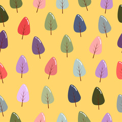 Fototapeta na wymiar Seamless pattern with colorful cute autumn and fall leaves or trees in flat style isolated on yellow background. Illustration of leaves with handle