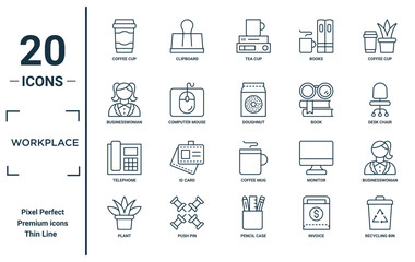workplace linear icon set. includes thin line coffee cup, businesswoman, telephone, plant, recycling bin, doughnut, businesswoman icons for report, presentation, diagram, web design