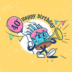 vintage invitation for birthday party with cartoon cake - 625610600