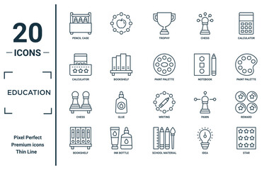 education linear icon set. includes thin line pencil case, calculator, chess, bookshelf, star, paint palette, reward icons for report, presentation, diagram, web design