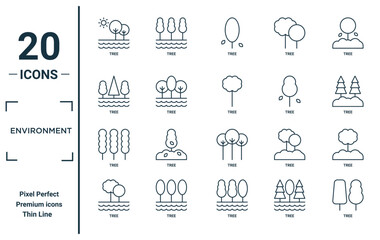 environment linear icon set. includes thin line tree, tree, tree, icons for report, presentation, diagram, web design