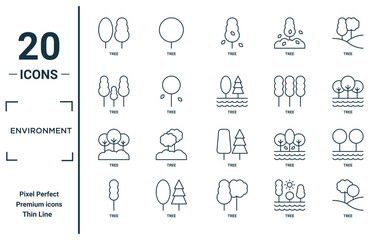 environment linear icon set. includes thin line tree, tree, tree, icons for report, presentation, diagram, web design