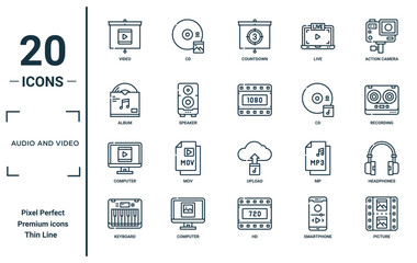 Obraz na płótnie Canvas audio and video linear icon set. includes thin line video, album, computer, keyboard, picture, , headphones icons for report, presentation, diagram, web design