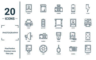 photography linear icon set. includes thin line photo, print, lamp, photo, photo, background, smartphone icons for report, presentation, diagram, web design