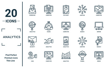 analytics linear icon set. includes thin line download, analytics, security, coin, error, computer, search icons for report, presentation, diagram, web design