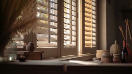wooden blind window shade shutter home interior detail design close up house beautiful interior space window with wooden blind in daylight,ai generate